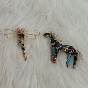 Handmade Wire Wrapped Dragonfly and Horse Brooches - Turquoise & Gold Accents